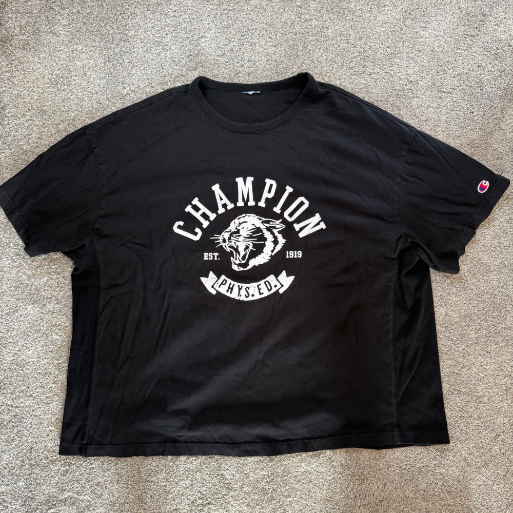 Champion Mens Black Phys Ed Panther Graphic T-Shirt Ribbed Side Panels Size XXL